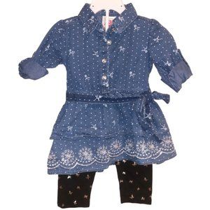 Baby Girl Denim Dress and Leggings 18 Months Blue White Flowers Dots Butterflies